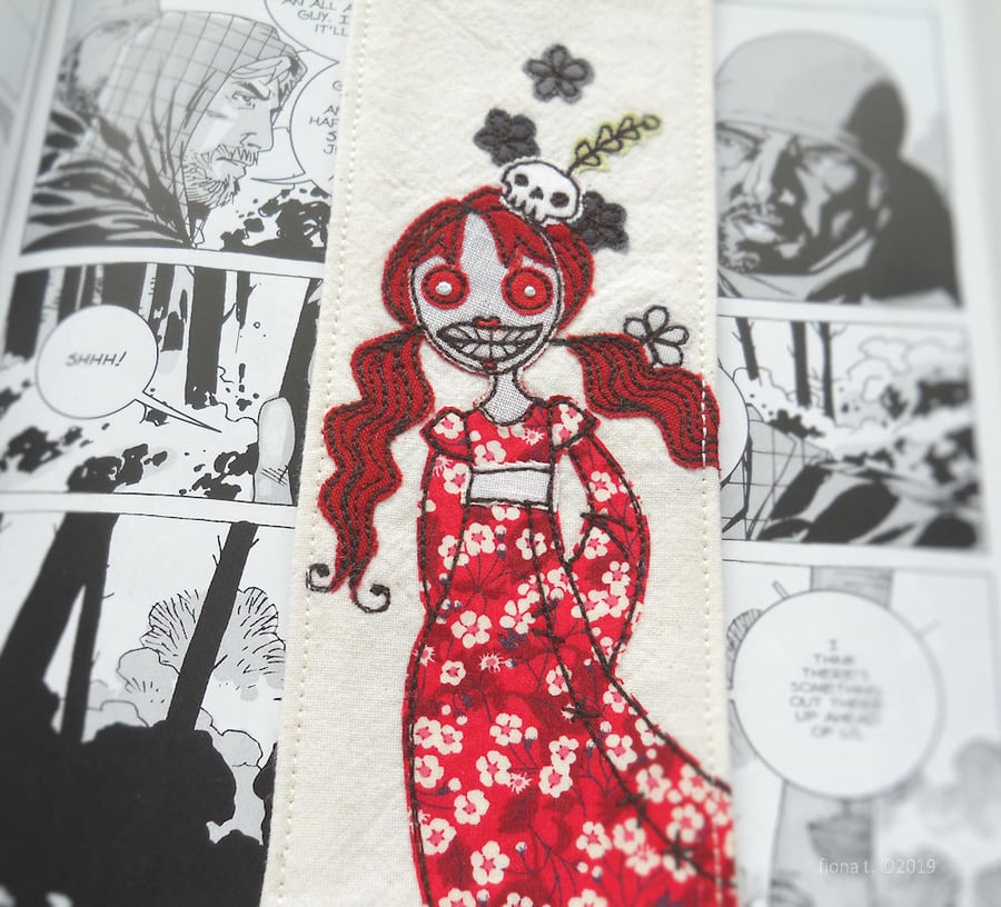 freehand embroidered floral zombie fabric bookmark red