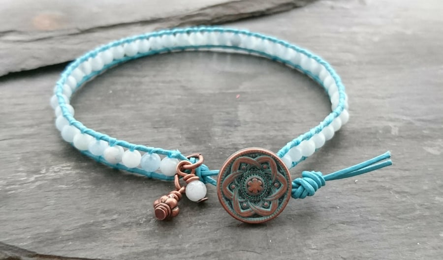 Aquamarine bead and leather bracelet, March birthday, semi precious gemstone