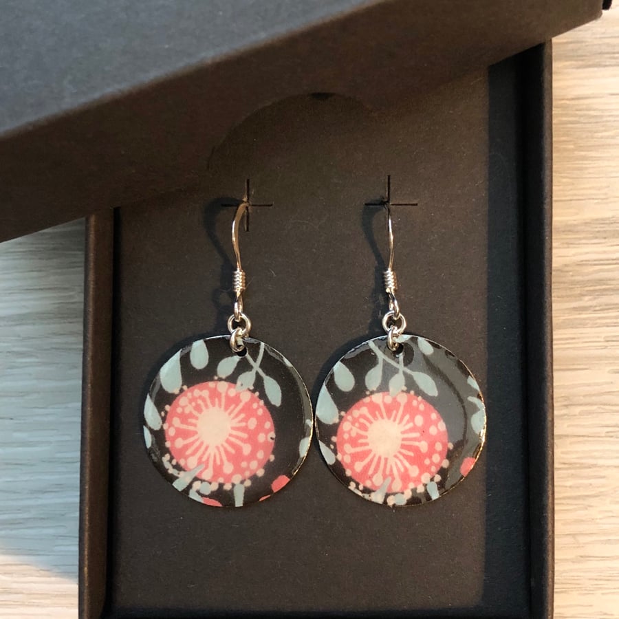 Decoupage and enamel disc earrings. Sterling silver. 