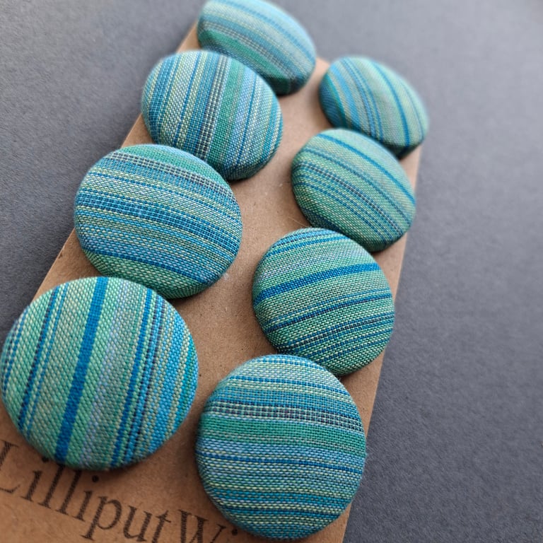 Set of eight scrap bag buttons - greens and teal woven stripe fabric