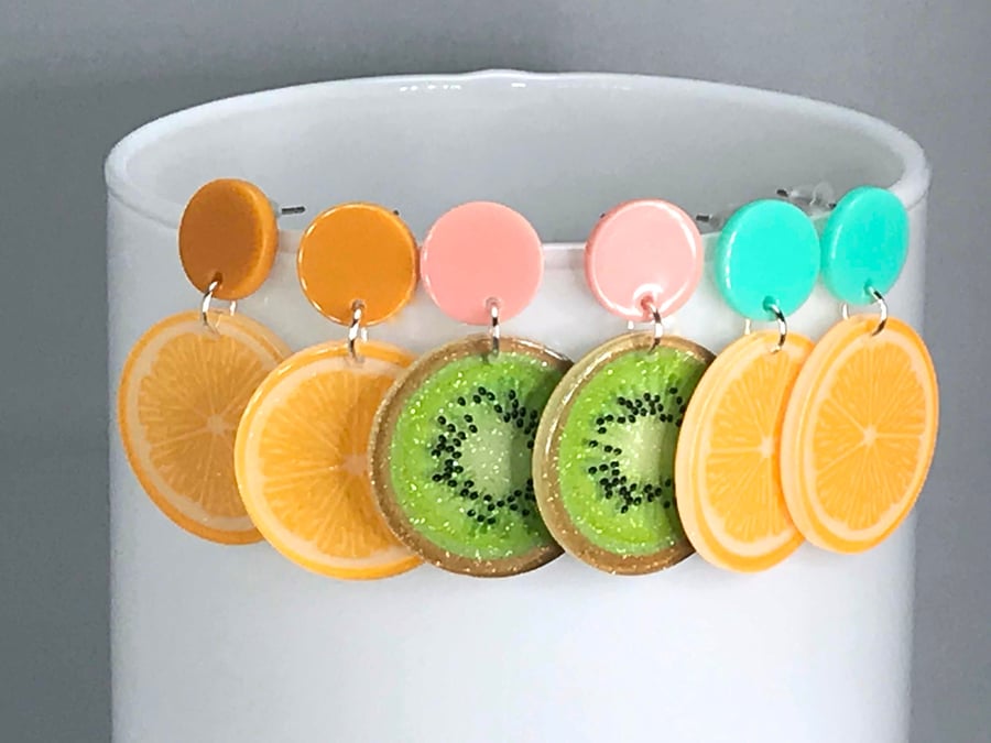 CUTE GLITTER FRUIT EARRINGS macaroon colours stud 