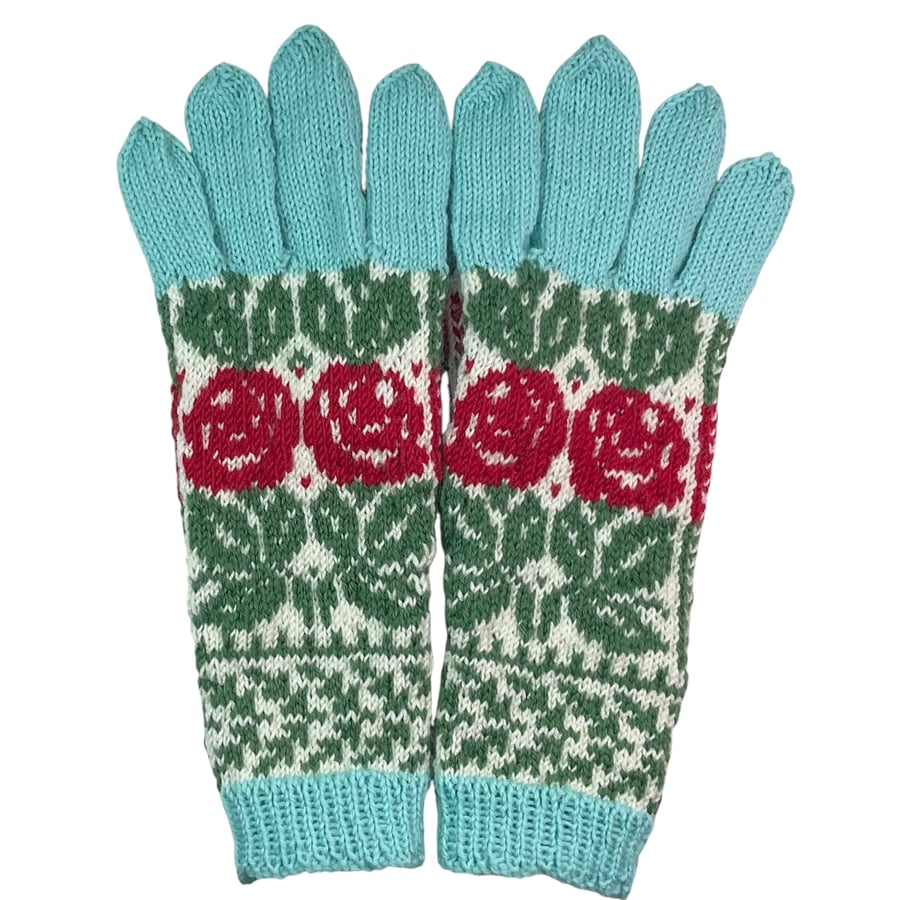  Gloves with red roses hand knitted in pure wool, handmade gloves, ladies gift