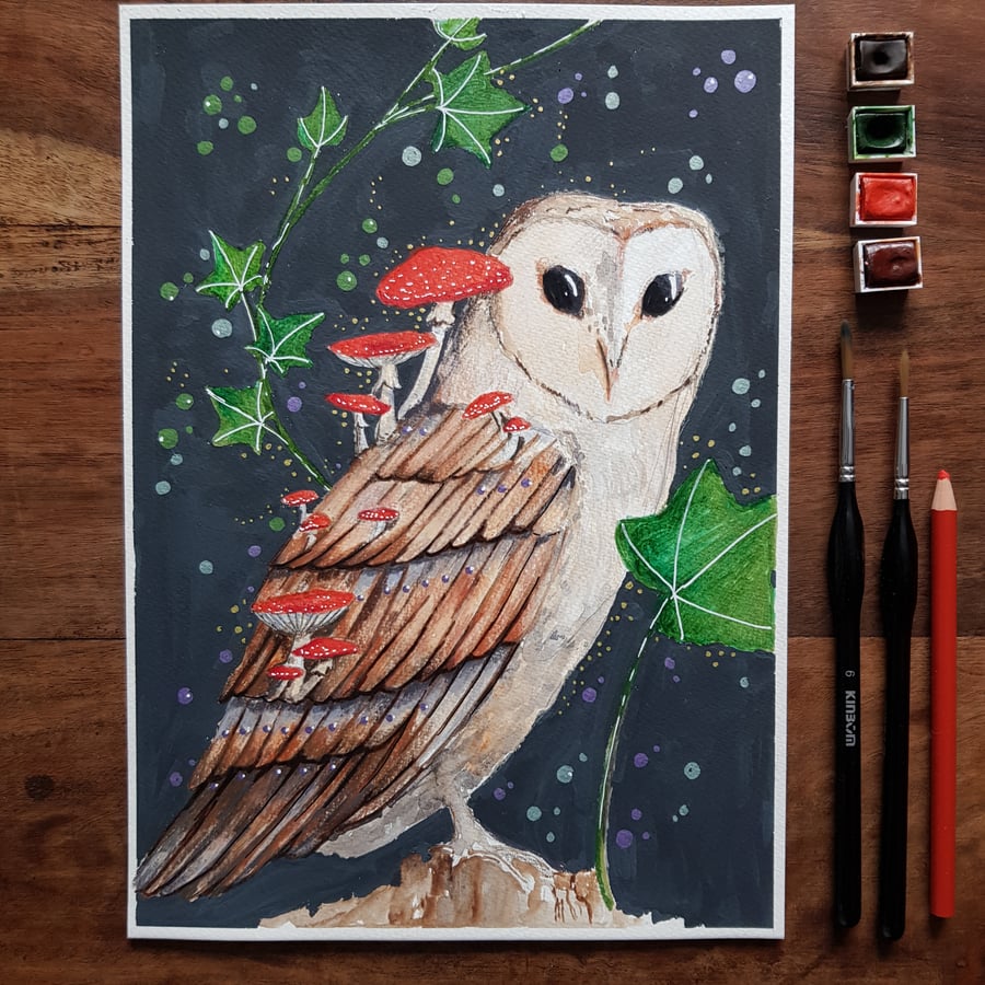 Owl and mushrooms original art 
