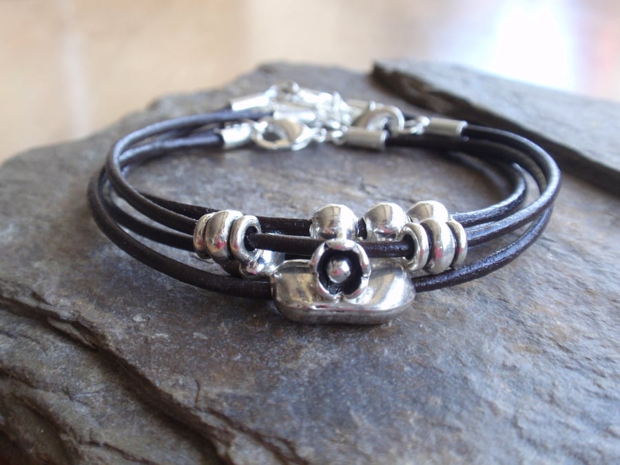 Dark brown leather stacking bracelet with silver tone heart