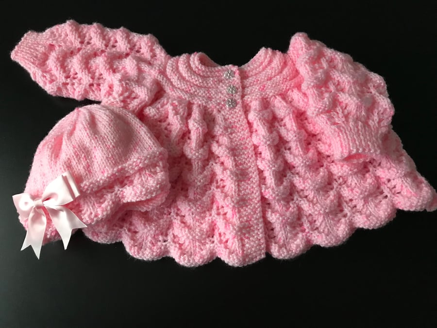 Made to Order Hand Knitted Girl's Matinee Cardigan and Hat, Fits 0-3 Months