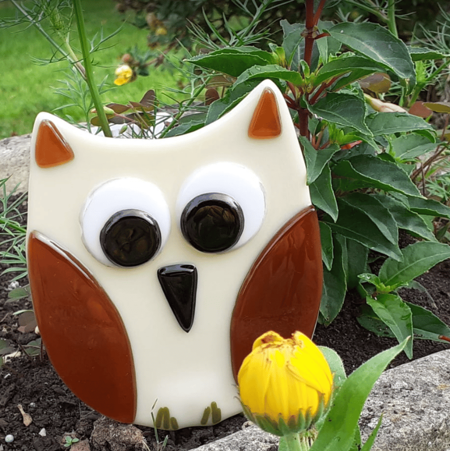 Fused Glass Owl Garden Ornament Plant Pot Stake Decoration