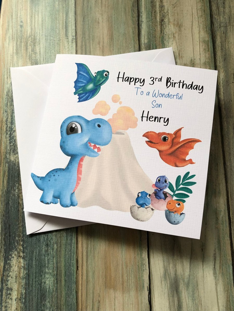 Dinosaur Birthday Card for Child Handmade and Personalised for all Relations