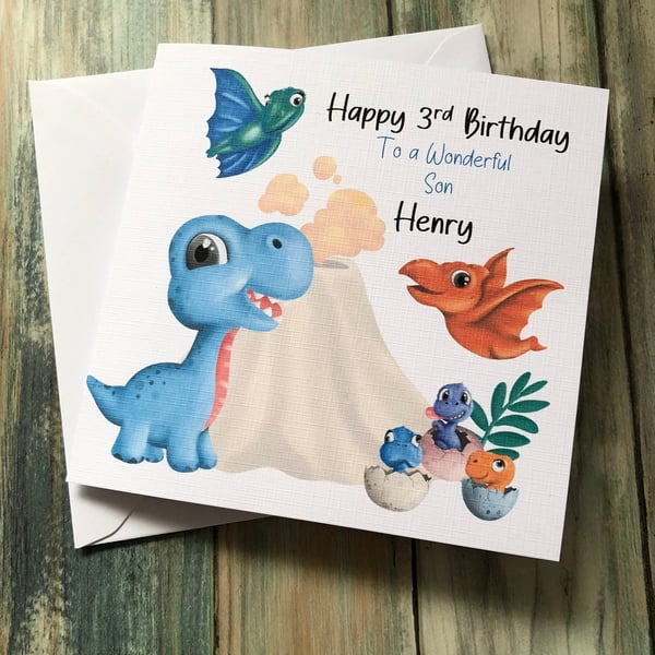 Dinosaur Birthday Card for Child Handmade and Personalised for all Relations