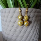 MUSTARD COLOUR MARBLED PEARL GOLD PLATED HOOK DANGLE EARRINGS  4cm DROP