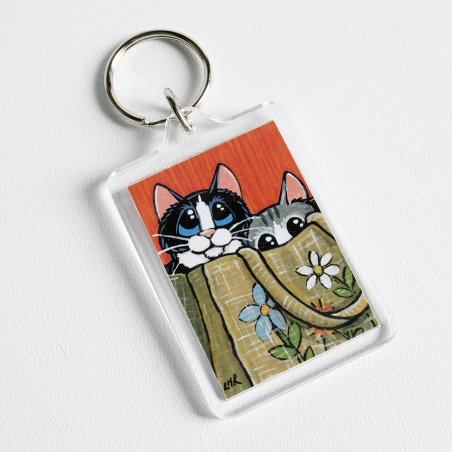 Tuxedo Cat & Tabby Cat Hiding in Bag Keyring (large) - Whimsical Cat Art