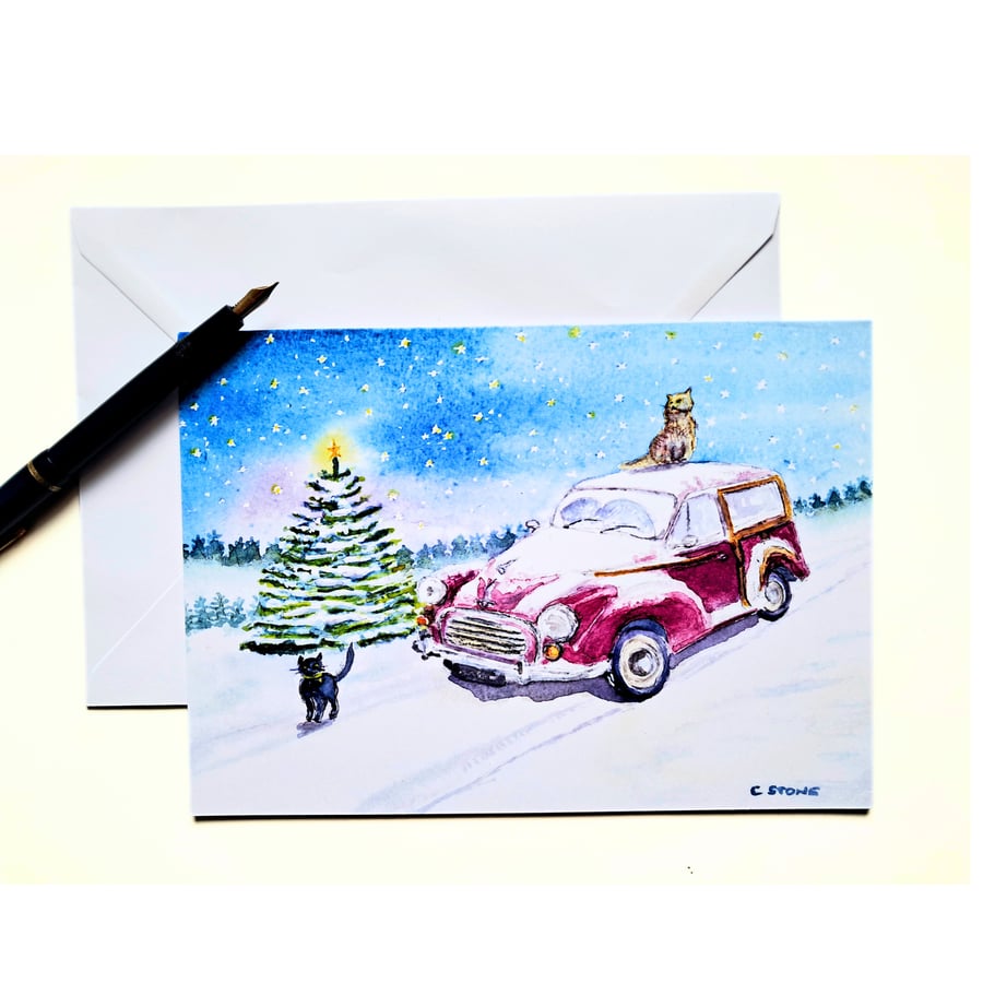 Moggy Christmas Card,  Moggy Minor Car and Cats From Original Watercolour