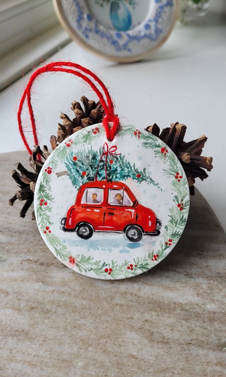hand painted christmas ornament, clay decoration, red car, snow scene, 