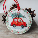 hand painted christmas ornament, clay decoration, red car, snow scene, 