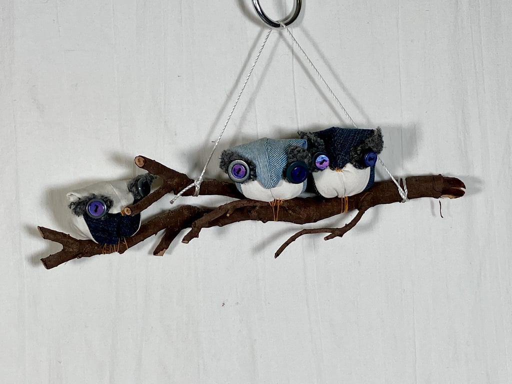 Small owls hanging ornament. Small denim owls on a branch. UK Handmade owl ornam