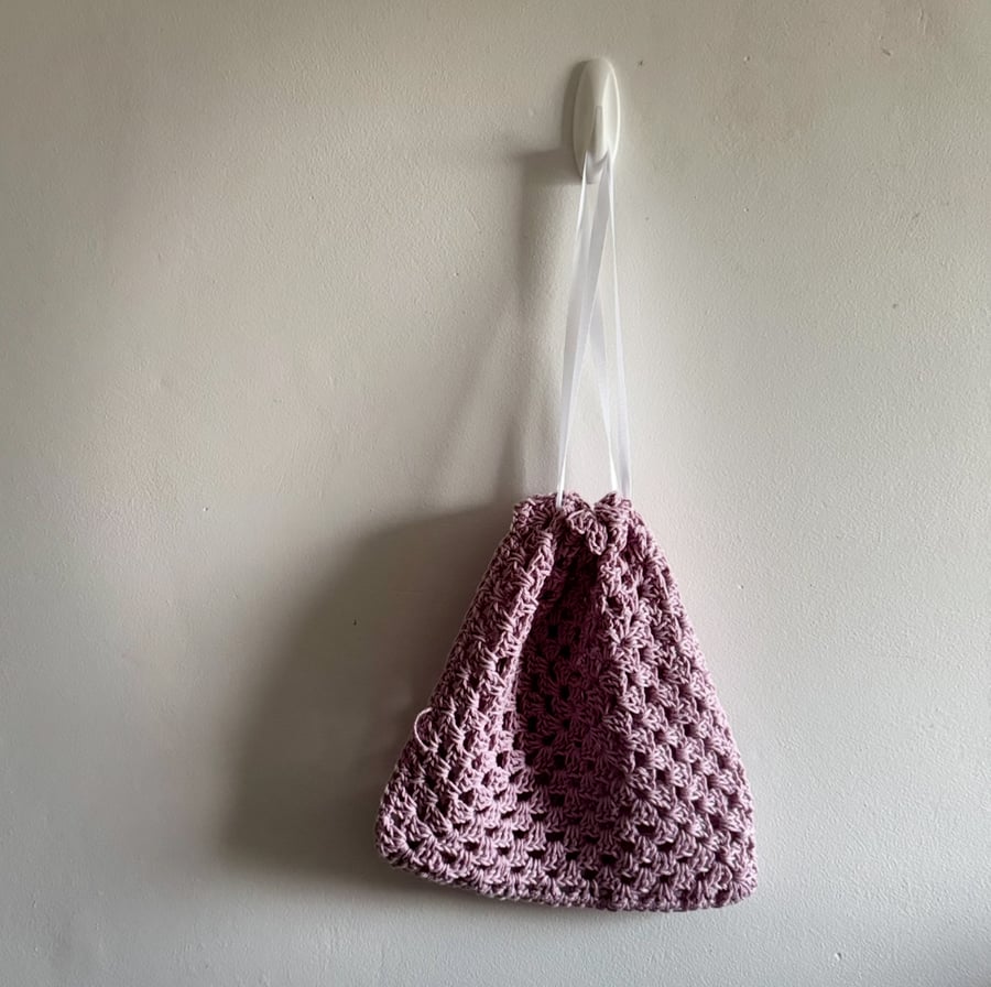 Dusky Pink Crochet Drawstring Bag