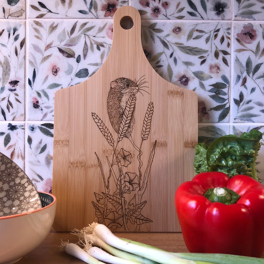 Bamboo wooden harvest mouse chopping board laser engraved with original artwork