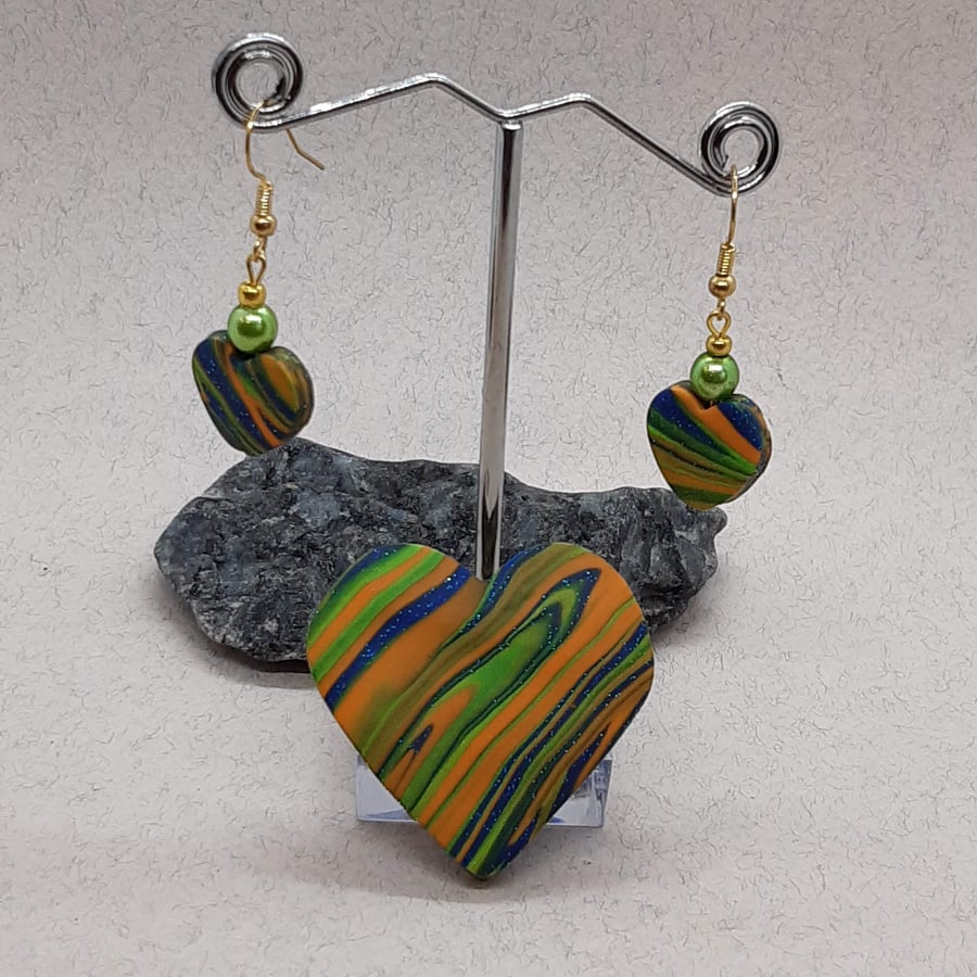 Colourful polymer clay brooch and earrings set