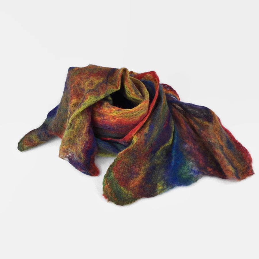 Rainbow cobweb felted scarf