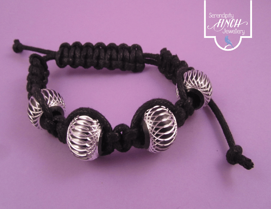 Black Leather Look Macrame Bracelet with Aluminium Beads