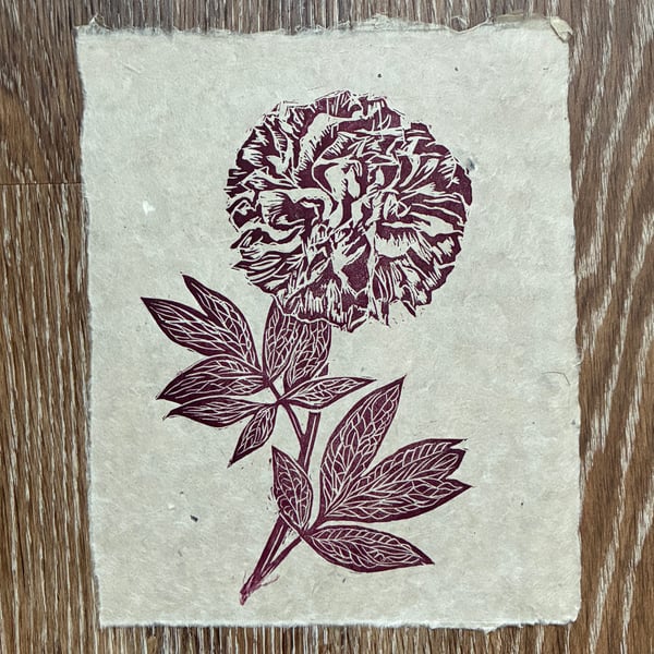 PERFECTLY IMPERFECT Deep red peony original linocut print