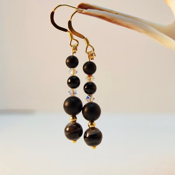 Black Onyx, Sardonyx And Swarovski Crystal earrings - Handmade In Devon