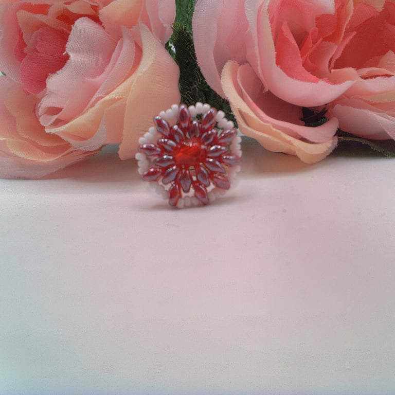 Red and White Mandala Adjustable Ring, Red and White Mandala Ring, Gift for Her