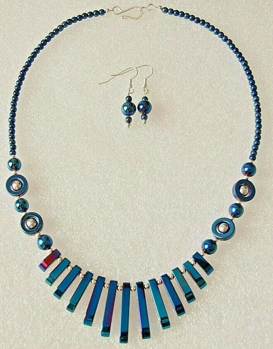 Bright Blue Metallic Hematite Tapered Necklace & Earrings Gift Set