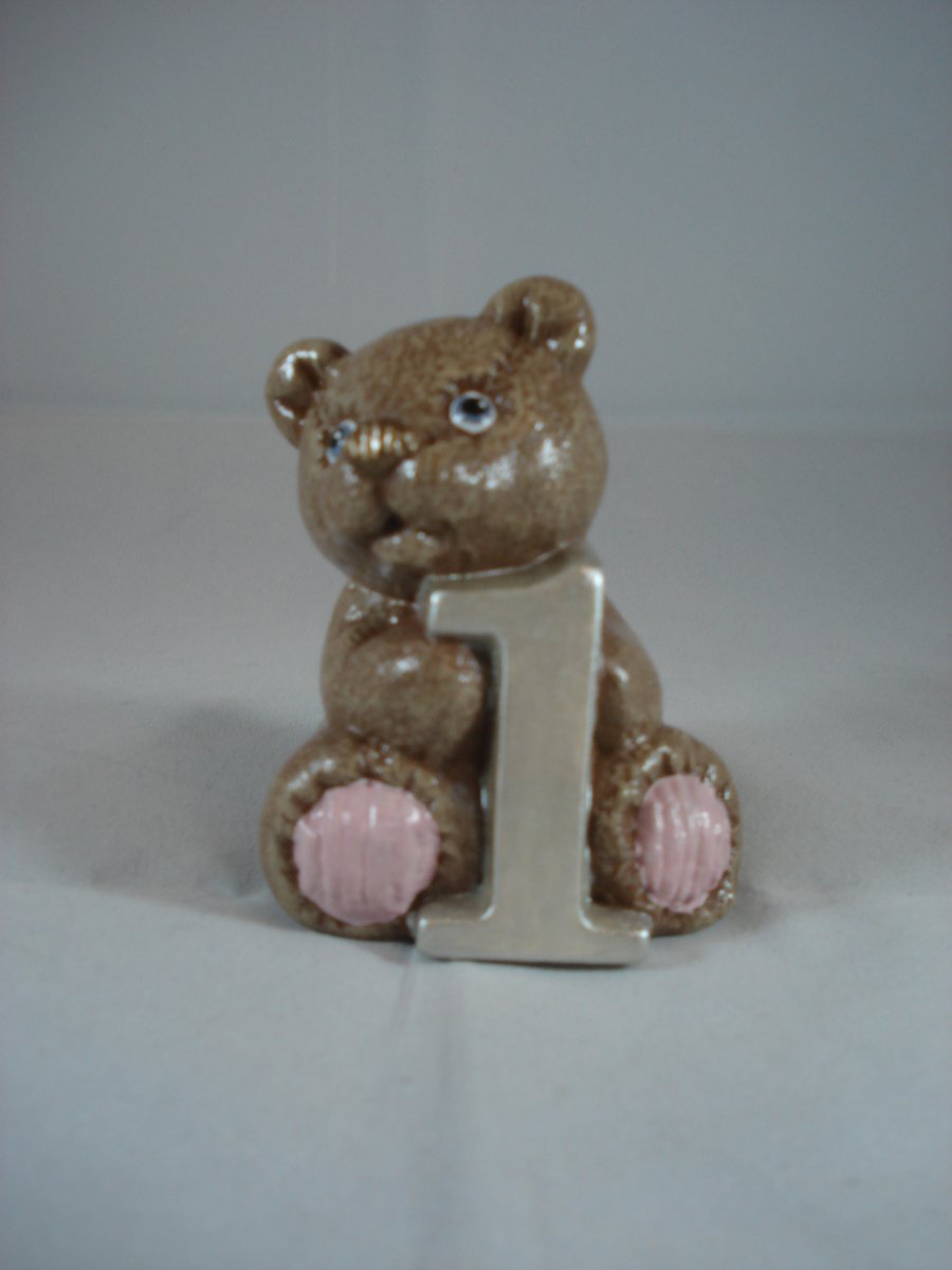 Ceramic Hand Painted Small Brown Bear Number One Animal Figurine Ornament.  