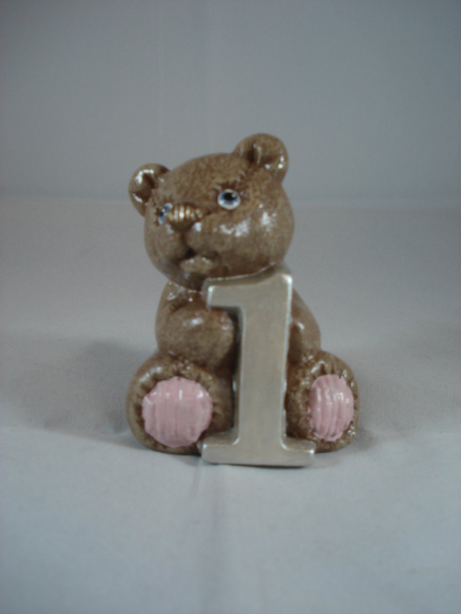 Small Ceramic One First Birthday Celebration Cake Topper Bear Figurine Ornament.