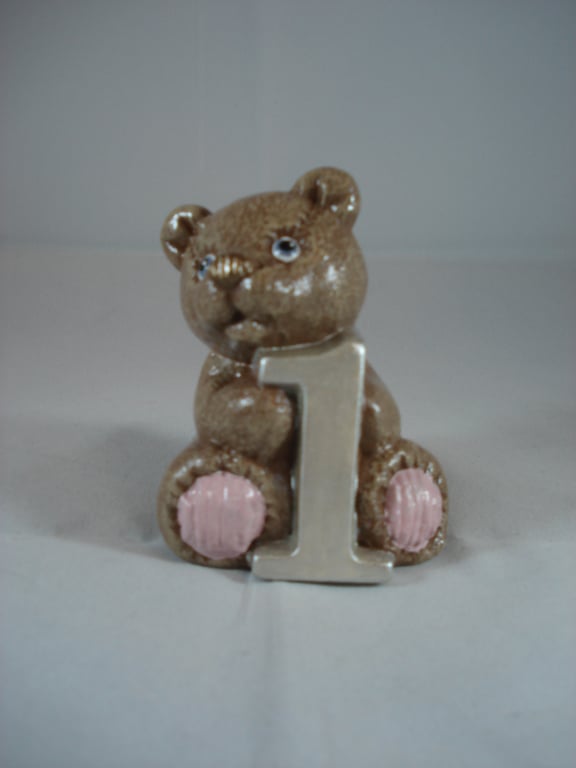 Small Ceramic One First Birthday Celebration Cake Topper Bear Figurine Ornament.