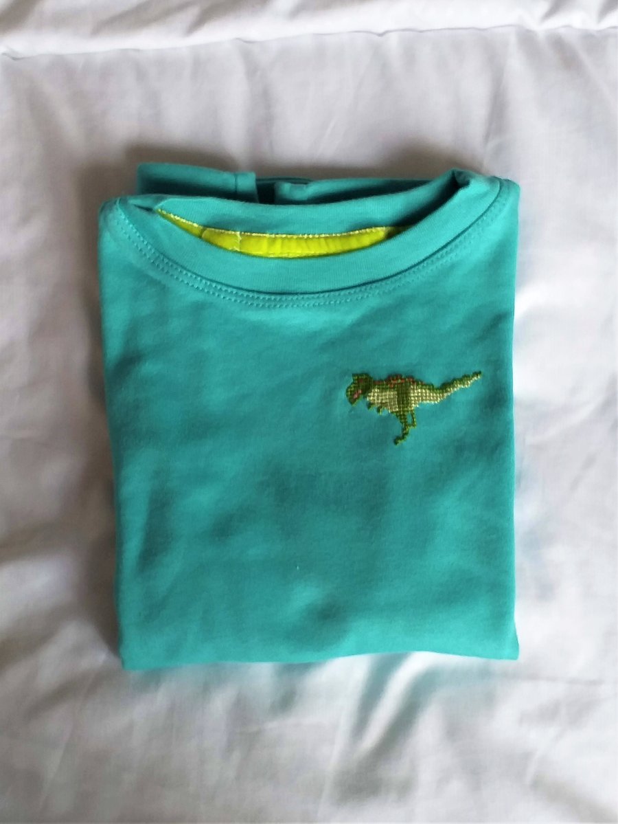 T-rex,  T-shirt , long sleeves, age 6, hand embroidered