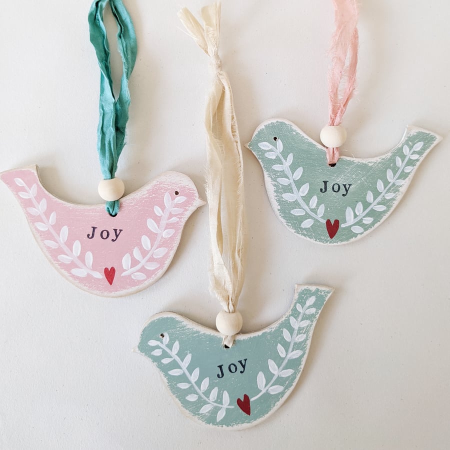 Painted Wooden Bird Hanging Decoration 'Joy'