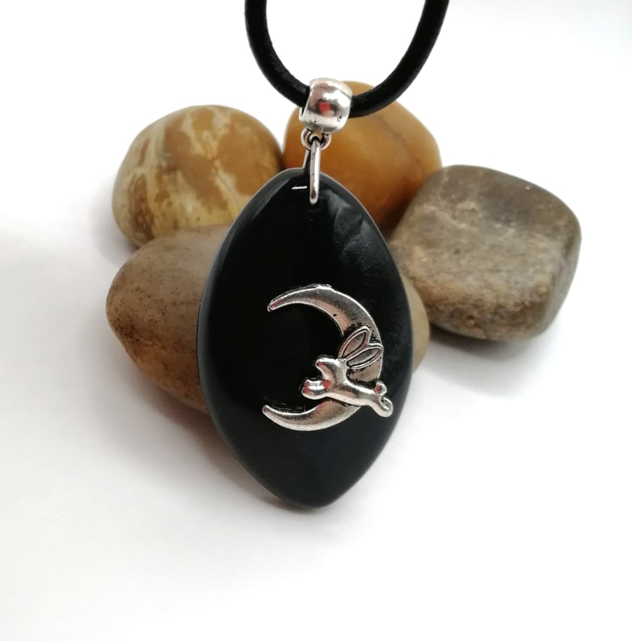 Obsidian Moon Leaping Hare Necklace