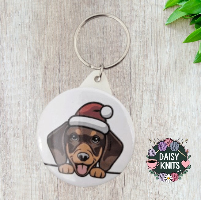 Brown and Tan Dachshund Santa Hat Christmas Keyring
