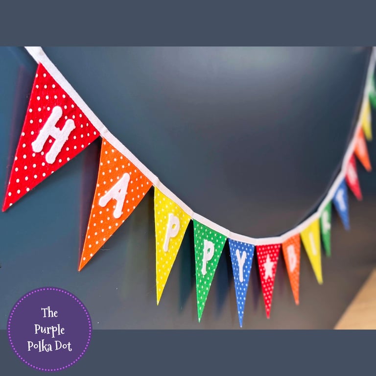 Rainbow polka dot happy birthday banner handmade from felt 