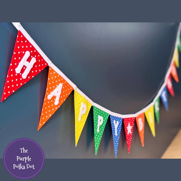 Rainbow polka dot happy birthday banner handmade from felt 