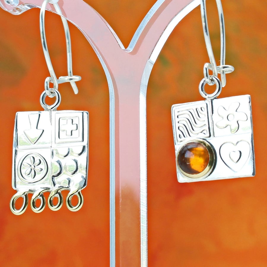  Handmade amber earrings, square, asymmetrical, sterling silver drop earrings