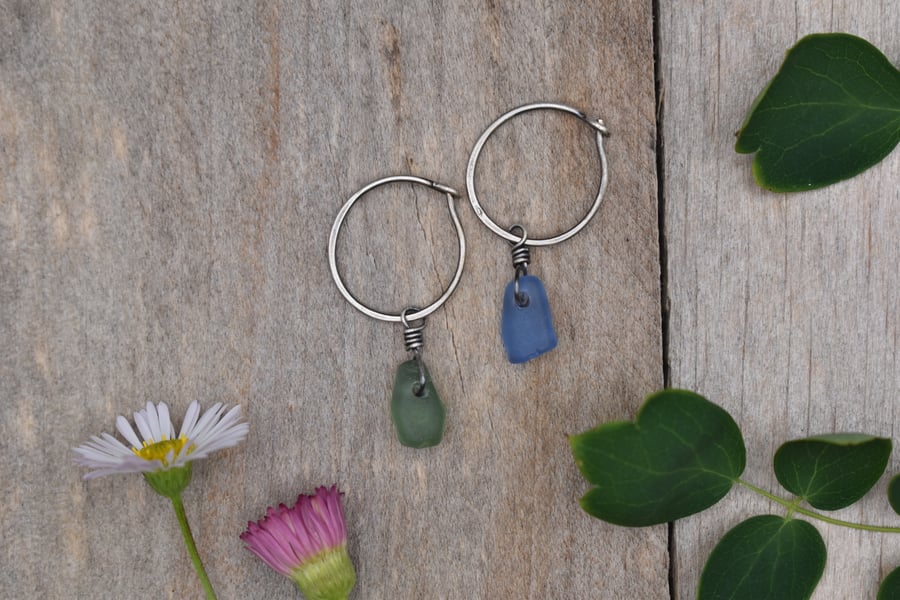 Sea Glass & Recycled Sterling Silver Hoop Earrings, Mismatched Blue & Green