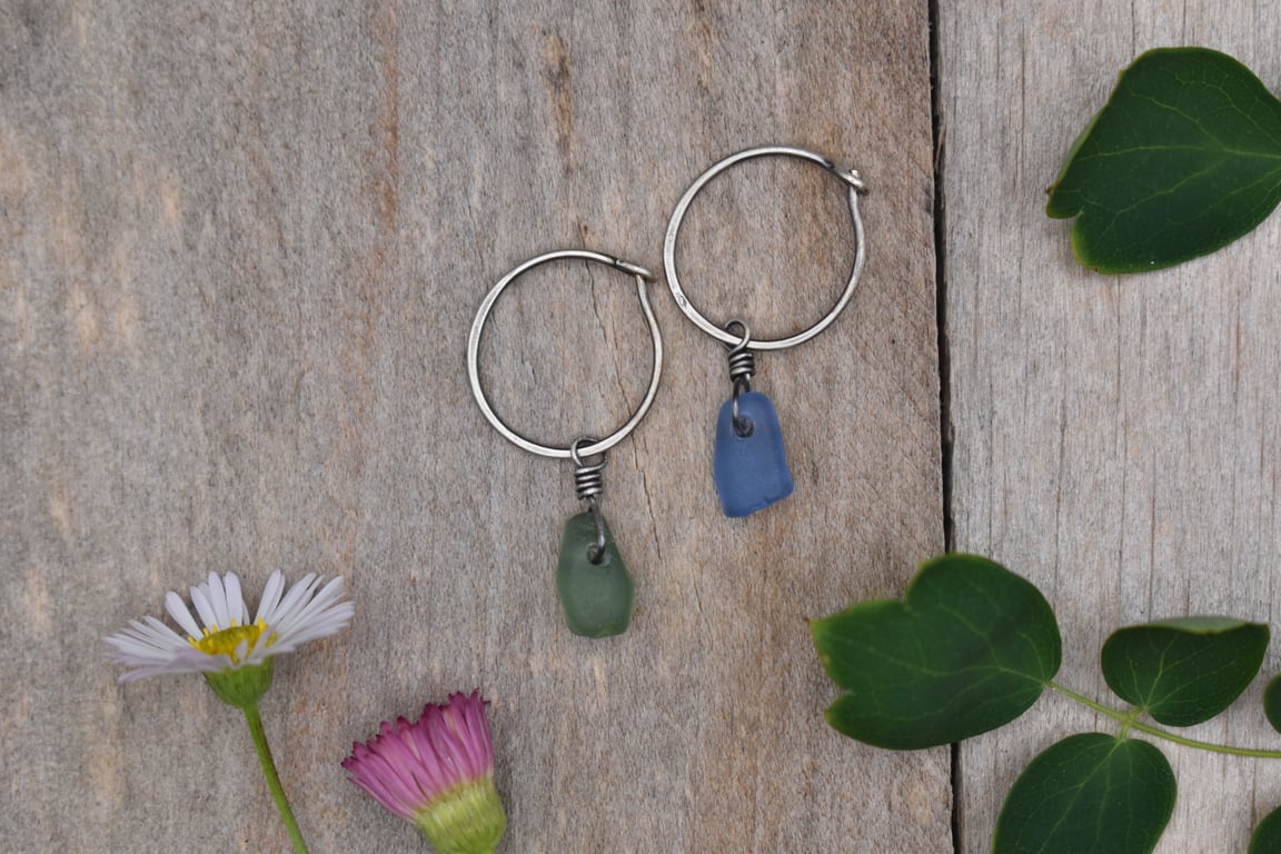 Sea Glass & Recycled Sterling Silver Hoop Earrings, Mismatched Blue & Green