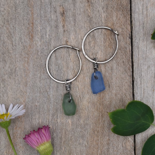 Sea Glass & Recycled Sterling Silver Hoop Earrings, Mismatched Blue & Green