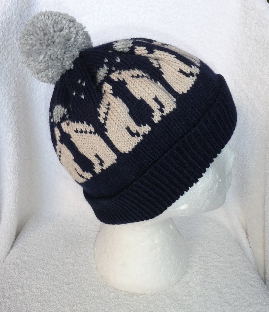 Moon Gazing Hare Hat Knitted in 4 ply Yarn  with Pompom. Bobble Hat