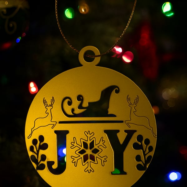 Gold Acrylic Christmas Tree Hanging Decoration. Joy