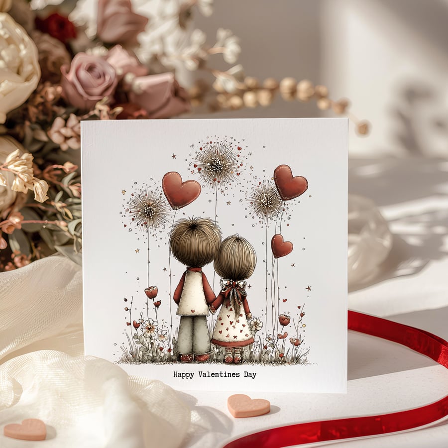 Valentines Card - Rear view of couple watching dandelion fireworks