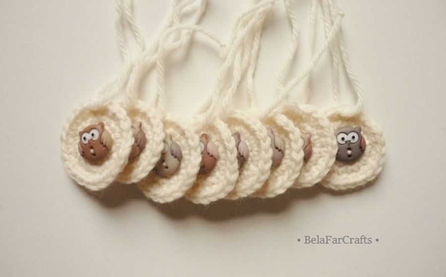 Owl buttons gift tags (8) - Gift box topper - Party favours