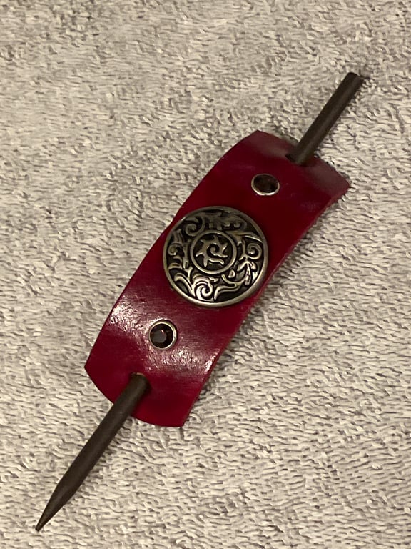 Dyed Red Leather HairStick Barrette W Decorative Swirl Centre & Amethyst Gems