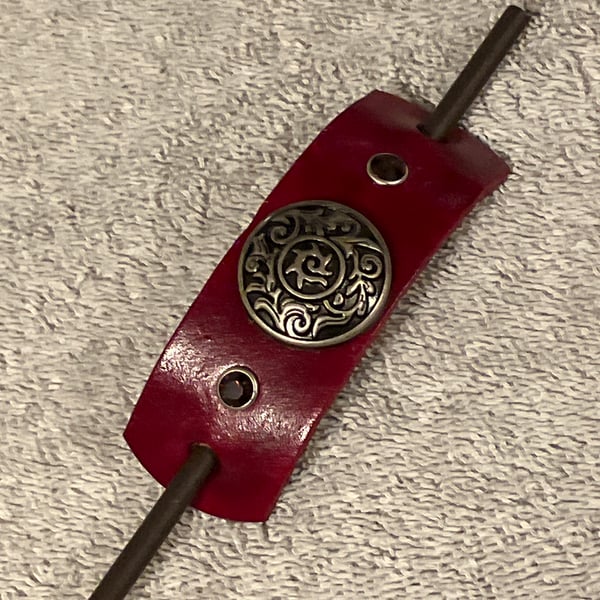 Dyed Red Leather HairStick Barrette W Decorative Swirl Centre & Amethyst Gems