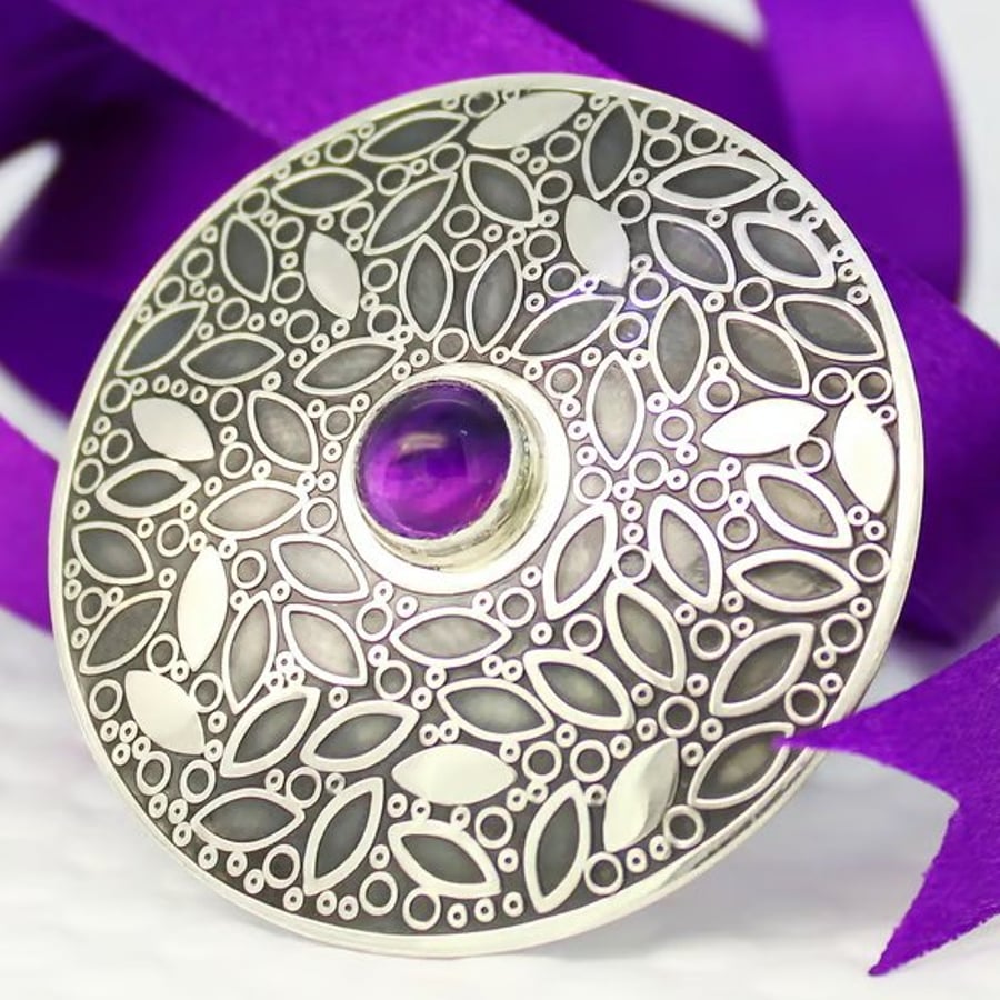 Leaf Pattern Brooch, Handmade Sterling Silver Brooch, Amethyst Gemstone, Purple 