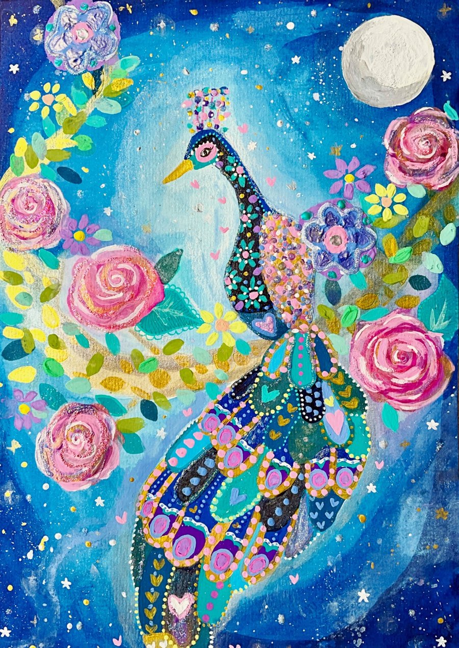 Peacock in the Moonlight Original Illustration