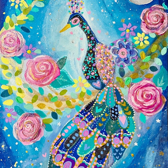 Peacock in the Moonlight Original Illustration