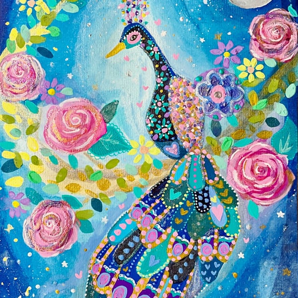 Peacock in the Moonlight Original Illustration